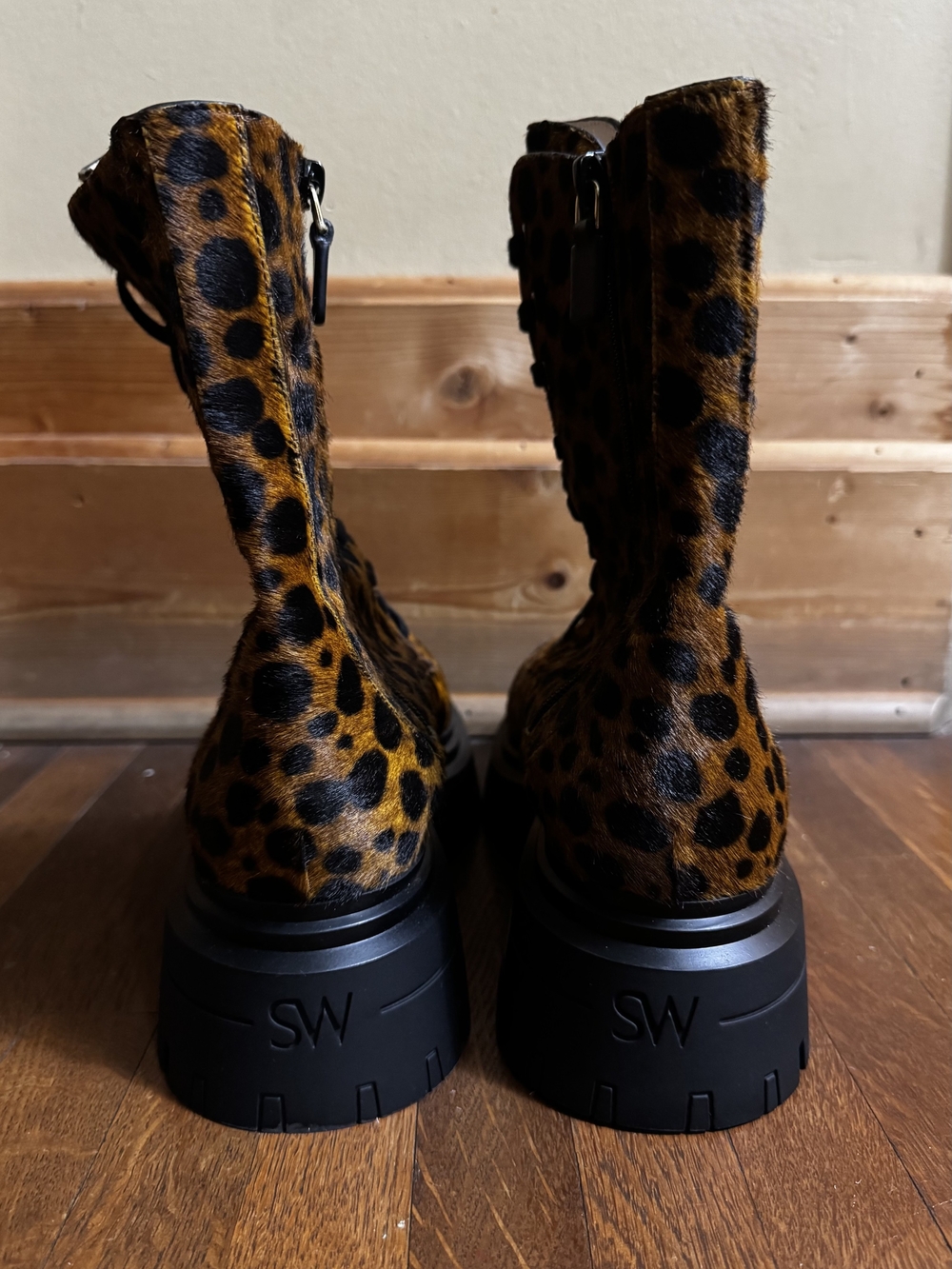 Stuart Weitzman Leopard-Print Lace-Up Combat Boots - Brown/Black - Picture 4 of 4